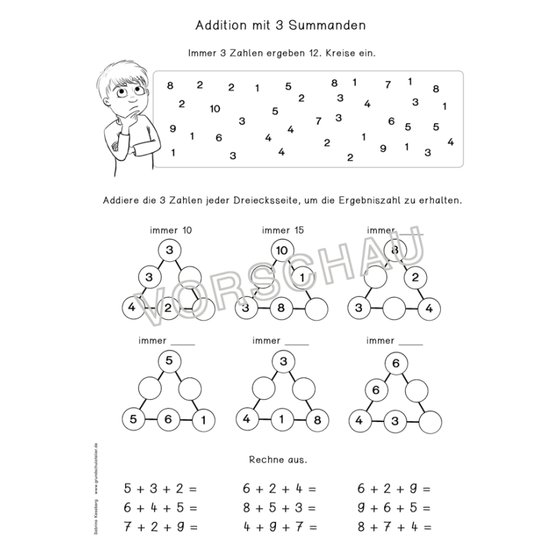 Addition mit 3 Summanden (Arbeitsblatt, Mathe, Klasse 1)