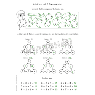 Summand Addition mit 3 Summanden (Arbeitsblatt, Mathe, Klasse 1)